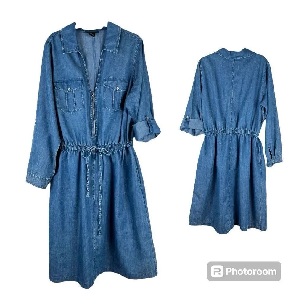 Ashley Stewart Denim Distressed Babydoll Zip V-neck Drawstring Dress 18/20